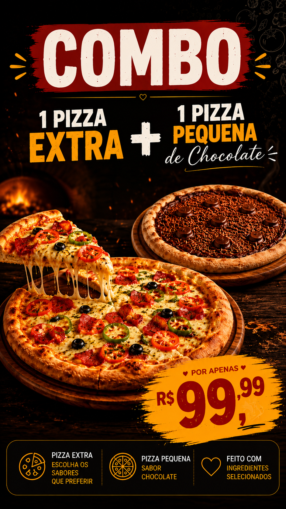 Combo La Bella com uma Pizza Extra e uma Pizza Pequena sabor chocolate por R$ 99,99
