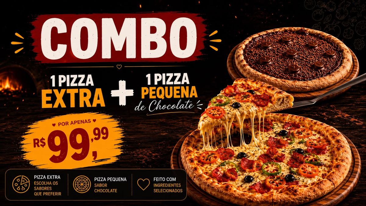 Combo La Bella com uma Pizza Extra e uma Pizza Pequena sabor chocolate por R$ 99,99